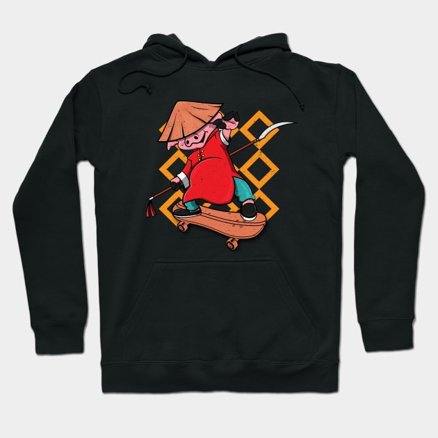 Skateboarding Kung Fu Pig Hoodie by printjobz